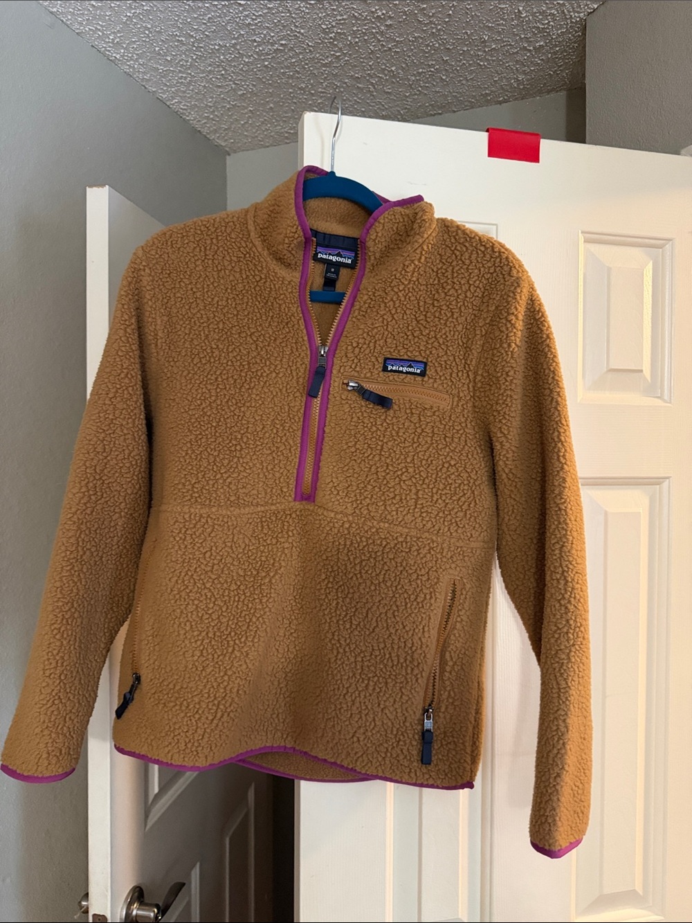 Patagonia | woman’s | Brown Sherpa Pullover with Purple Trim | M